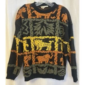 VTG 70s Hot Cashews Animal Lion Elephant Pullover Sweater Grandmacore Kitsch